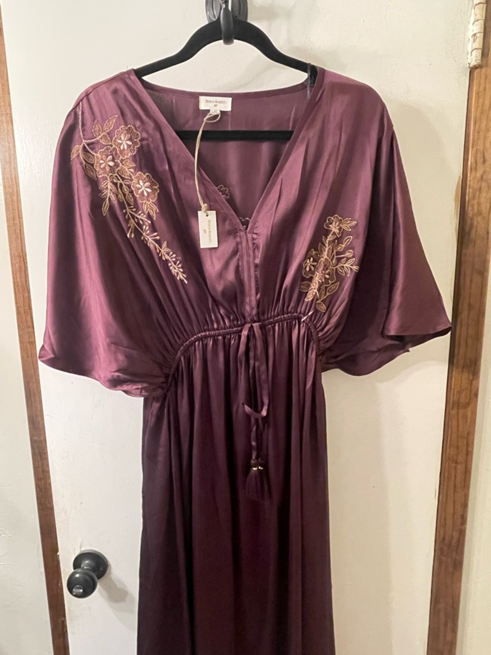 Cost Plus World Market Wine Color Satin Embroidered Dress.  NWT Sz L/XL #7